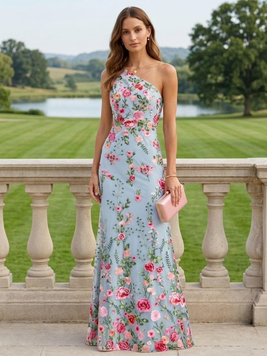 Robe Mère de la Mariée, Forme Droite/Colonne, Épaule Unique, Dentelle, Broderie, Sans Manches, Floral, Longueur au Sol
