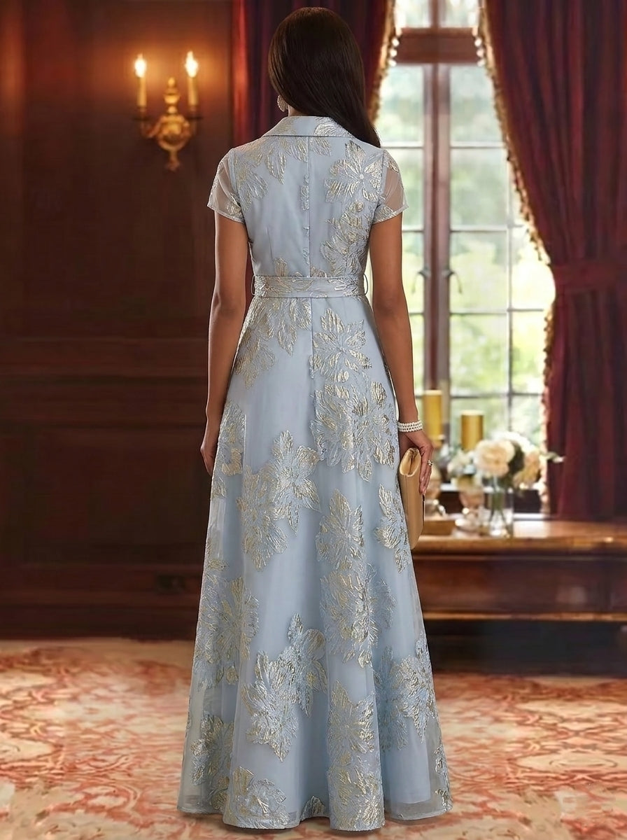 Robe Mère de la Mariée, Forme A-Ligne/Princesse, Col en V, Jacquard, Manches Courtes, Floral, Longueur au Sol, Ceinture à Nœud