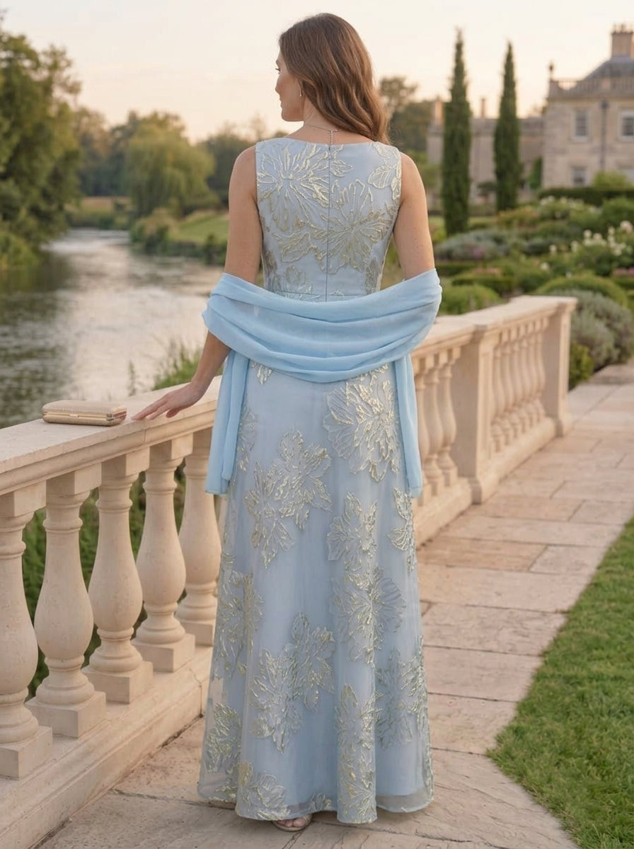 Robe Mère de la Mariée, Forme A-Ligne/Princesse, Col en V, Jacquard, avec Enveloppe, Sans Manches, Floral, Longueur au Sol