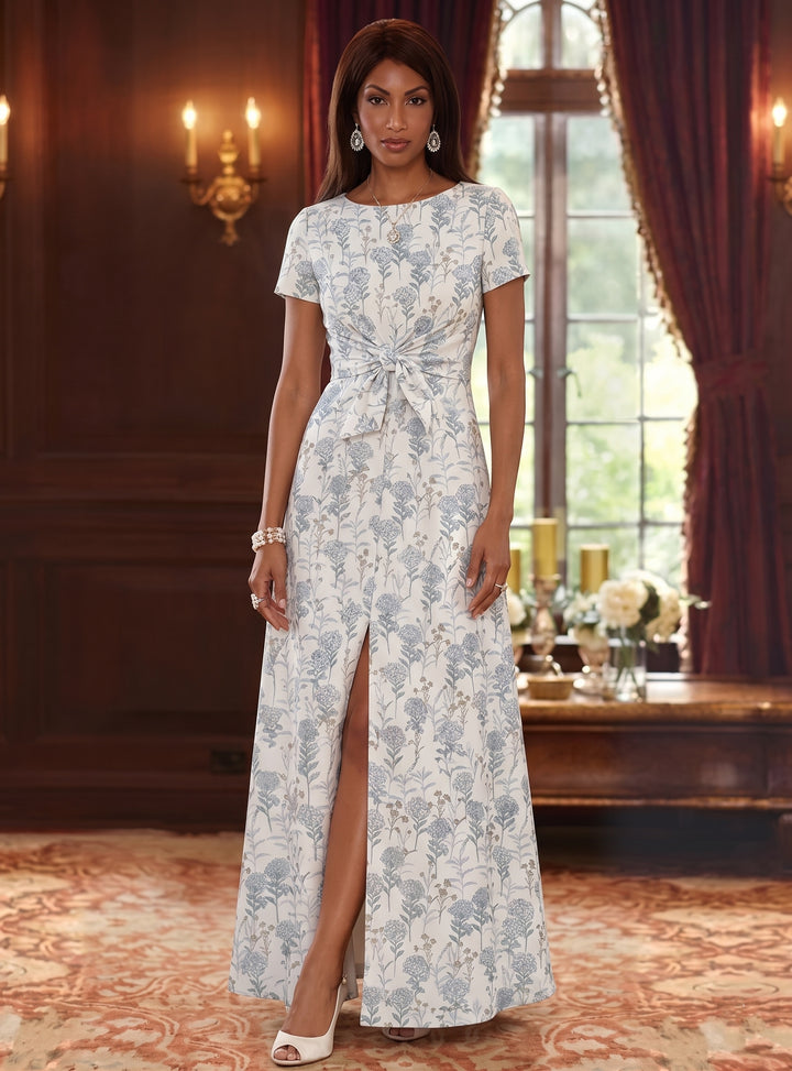 Robe Mère de la Mariée, Forme A-Ligne/Princesse, Col Rond, Jacquard, avec Fente Latérale, Manches Courtes, Floral, Longueur à la Cheville, Nœud