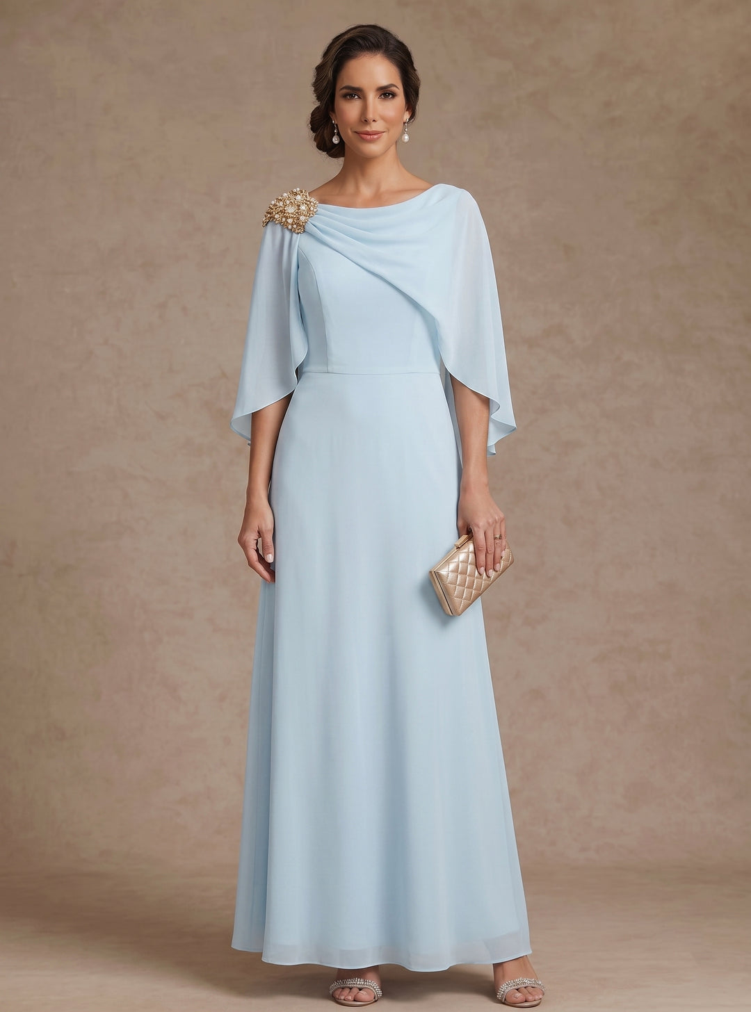 Robe Mère de la Mariée, Forme A-Ligne/Princesse, Col Bateau, Mousseline, Manches Cape, Longueur à la Cheville, Strass