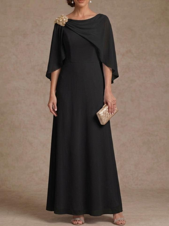 Robe Mère de la Mariée, Forme A-Ligne/Princesse, Col Bateau, Mousseline, Manches Cape, Longueur à la Cheville, Strass