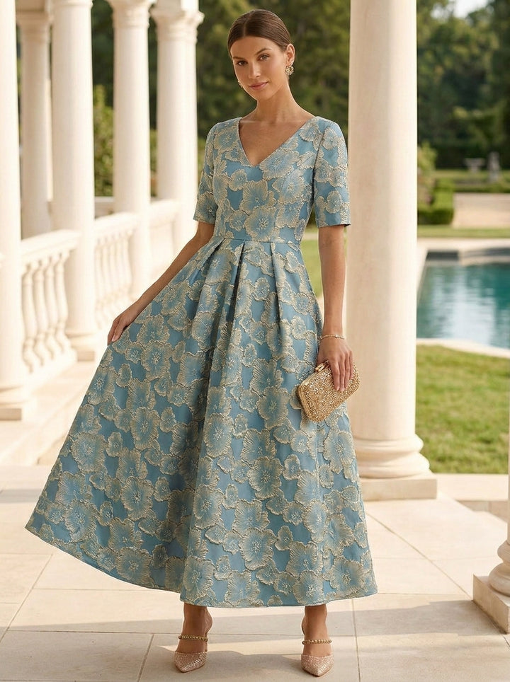 Robe Mère de la Mariée, Forme A-Ligne/Princesse, Col en V, Jacquard, Manches Courtes, Floral, Longueur à la Cheville