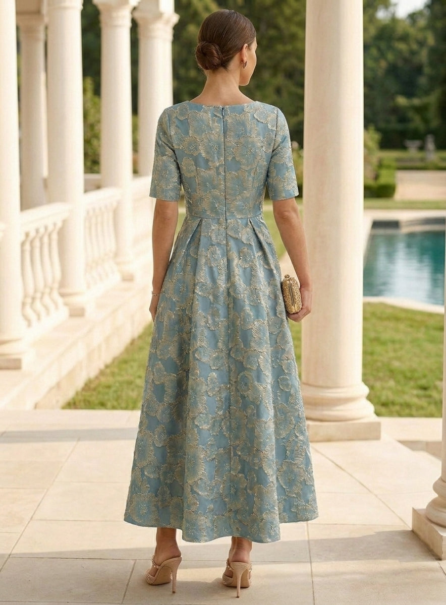 Robe Mère de la Mariée, Forme A-Ligne/Princesse, Col en V, Jacquard, Manches Courtes, Floral, Longueur à la Cheville
