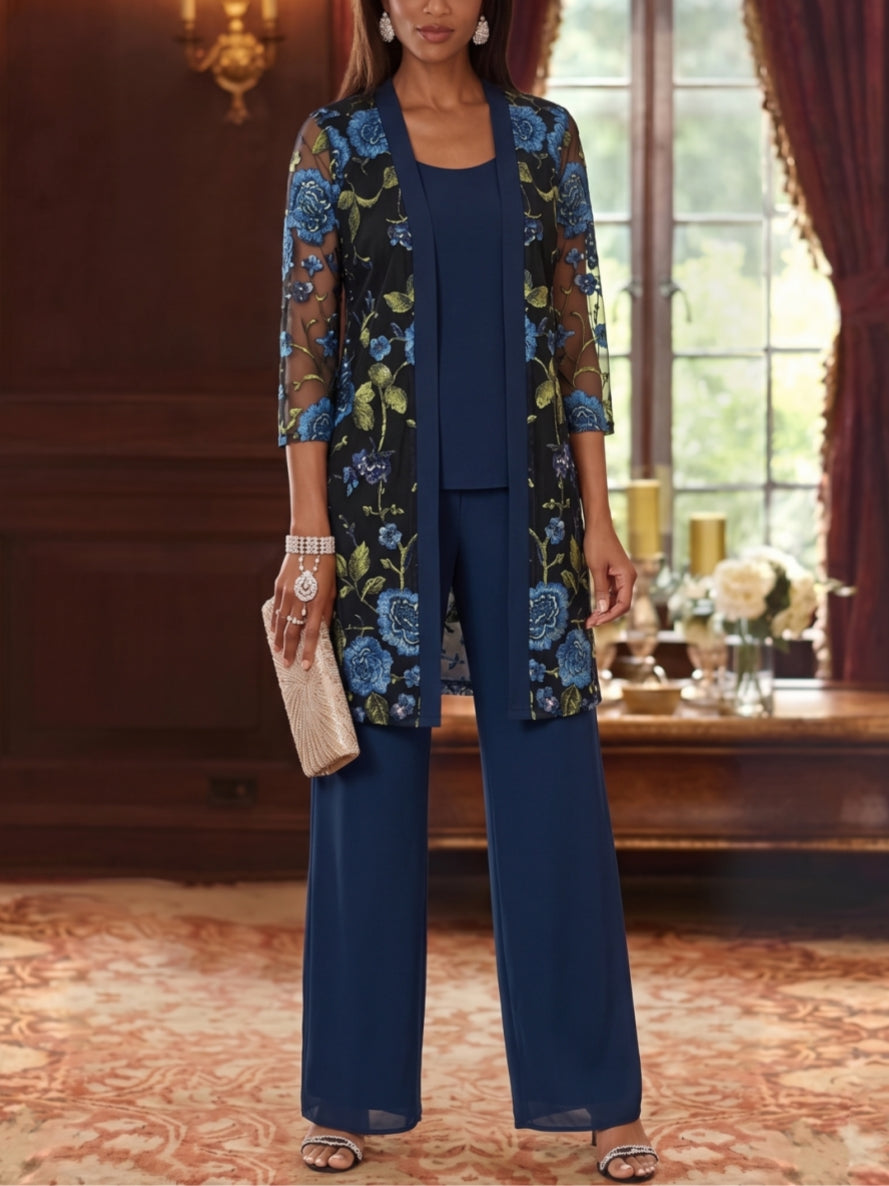 Tailleur 3 pièces, Col Rond, Mousseline, Combinaison Pantalon Mère de la Mariée avec Veste, Floral, Manches 3/4, Longueur à la Cheville