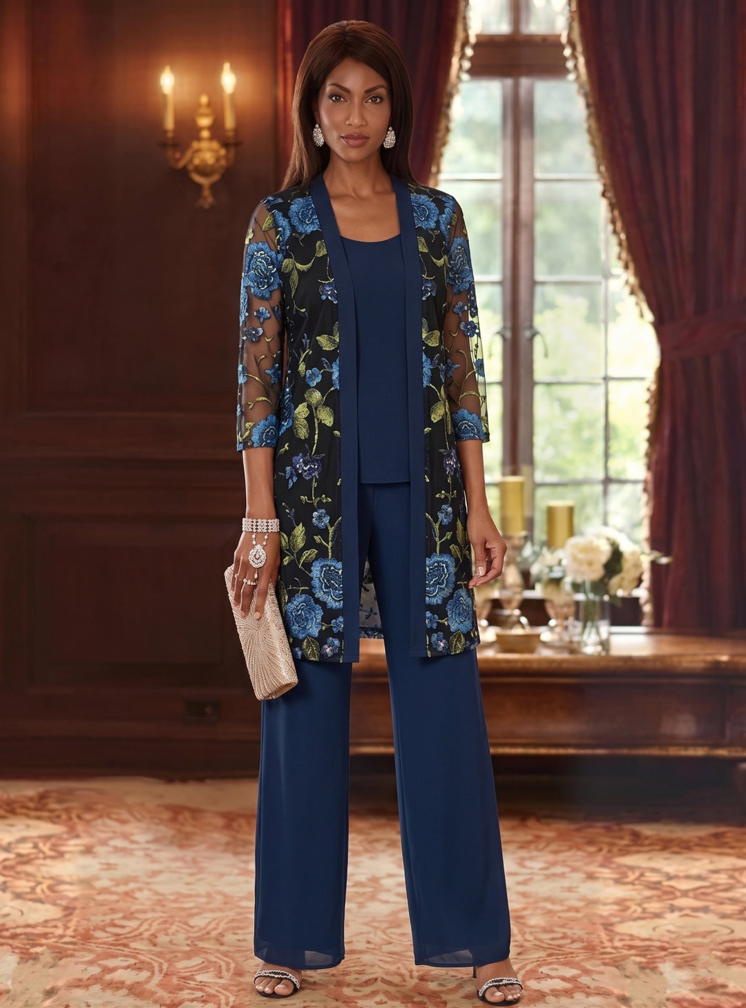 Tailleur 3 pièces, Col Rond, Mousseline, Combinaison Pantalon Mère de la Mariée avec Veste, Floral, Manches 3/4, Longueur à la Cheville