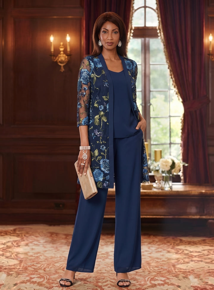 Tailleur 3 pièces, Col Rond, Mousseline, Combinaison Pantalon Mère de la Mariée avec Veste, Floral, Manches 3/4, Longueur à la Cheville