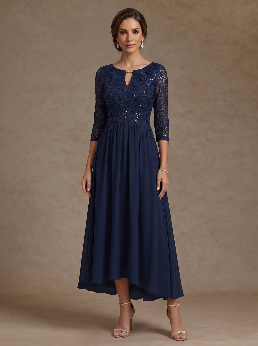 Robe Mère de la Mariée, Forme A-Ligne/Princesse, Col en V, Mousseline, Manches 3/4, Dentelle, Paillettes, Longueur du Thé