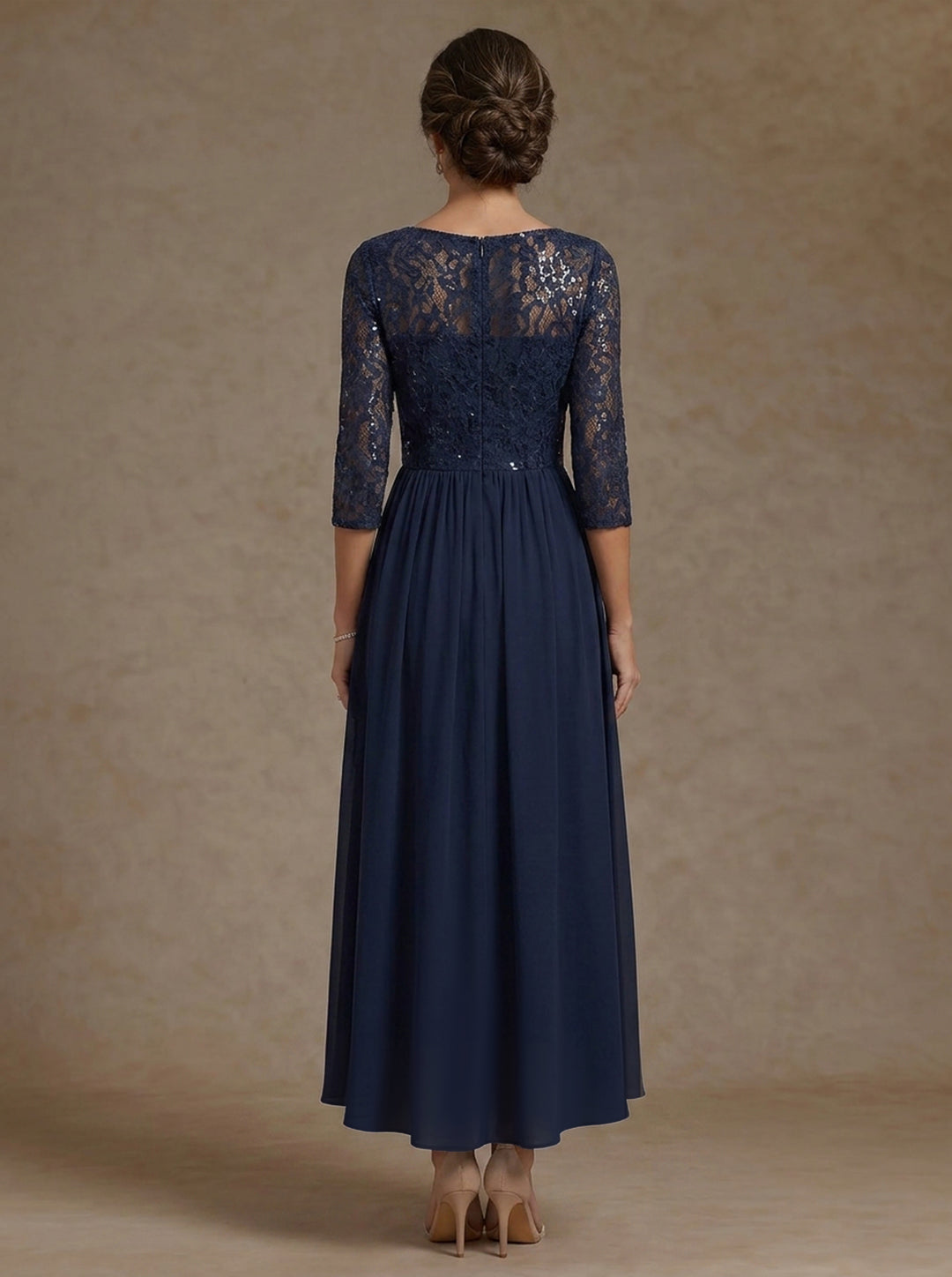 Robe Mère de la Mariée, Forme A-Ligne/Princesse, Col en V, Mousseline, Manches 3/4, Dentelle, Paillettes, Longueur du Thé