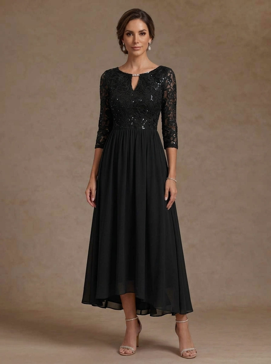 Robe Mère de la Mariée, Forme A-Ligne/Princesse, Col en V, Mousseline, Manches 3/4, Dentelle, Paillettes, Longueur du Thé