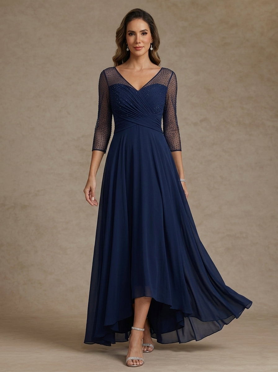 Robe Mère de la Mariée, Forme A-Ligne/Princesse, Col en V, Mousseline, Manches 3/4, Paillettes, Asymétrique, Longueur du Thé