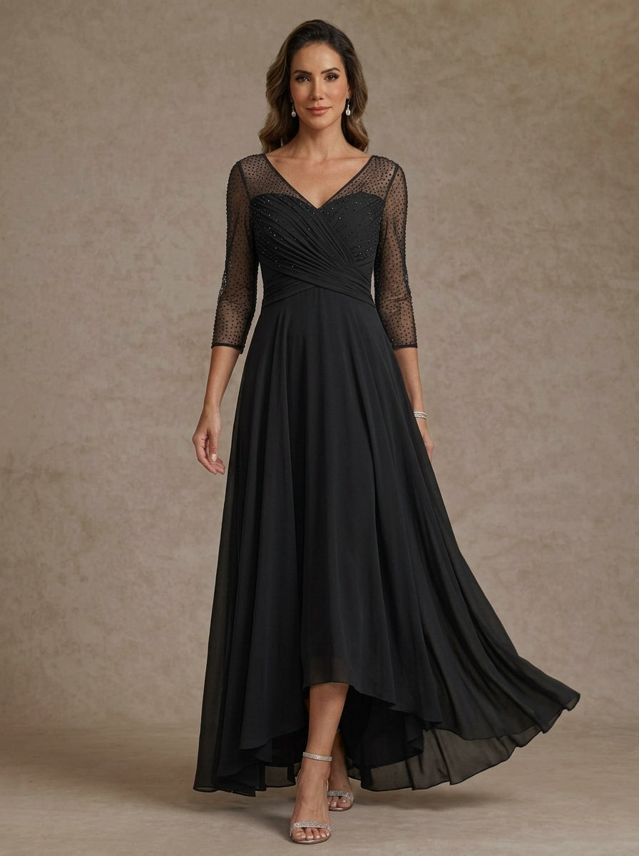 Robe Mère de la Mariée, Forme A-Ligne/Princesse, Col en V, Mousseline, Manches 3/4, Paillettes, Asymétrique, Longueur du Thé