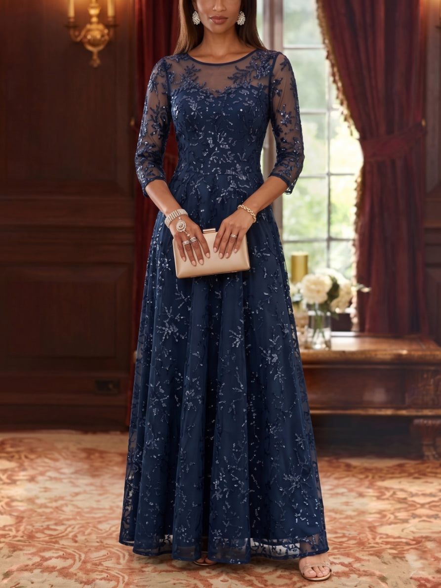 Robe Mère de la Mariée, Forme A-Ligne/Princesse, Col Rond, Dentelle, Paillettes, Manches 3/4, Longueur au Sol