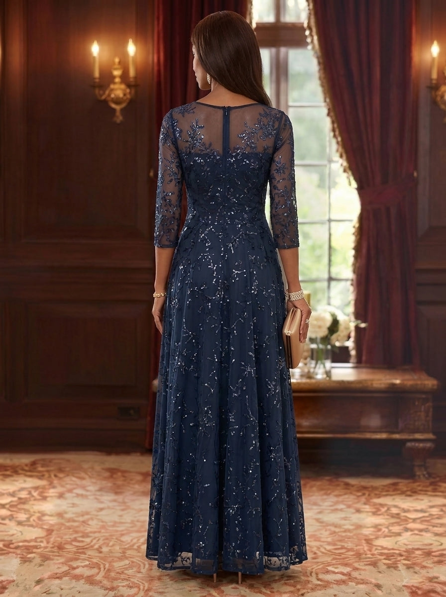 Robe Mère de la Mariée, Forme A-Ligne/Princesse, Col Rond, Dentelle, Paillettes, Manches 3/4, Longueur au Sol