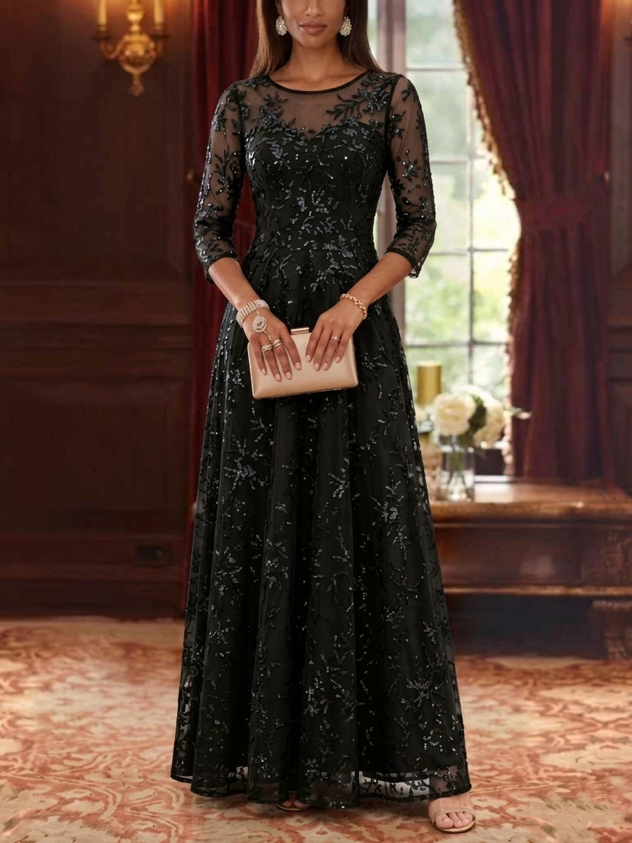 Robe Mère de la Mariée, Forme A-Ligne/Princesse, Col Rond, Dentelle, Paillettes, Manches 3/4, Longueur au Sol