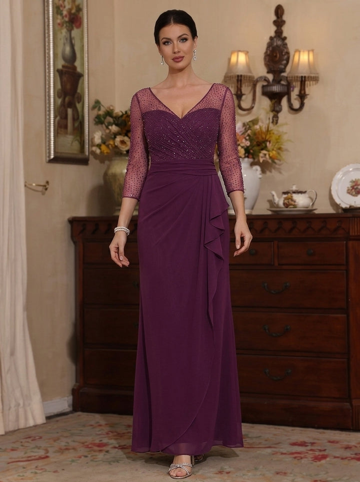 Robe Mère de la Mariée, Forme Fourreau/Colonne, Col en V,  Froncée, Volants, Manches 3/4, Longueur à la Cheville
