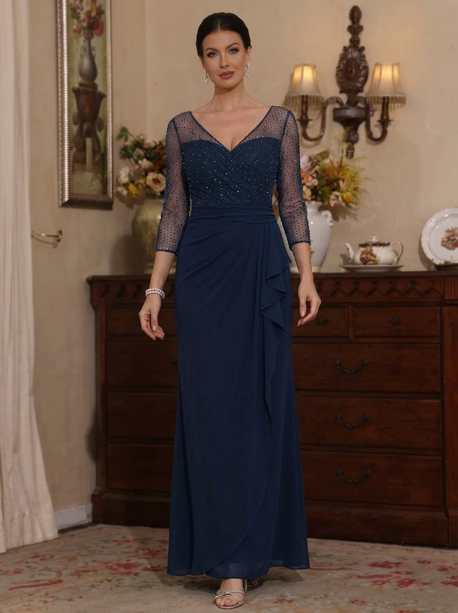 Robe Mère de la Mariée, Forme Fourreau/Colonne, Col en V,  Froncée, Volants, Manches 3/4, Longueur à la Cheville