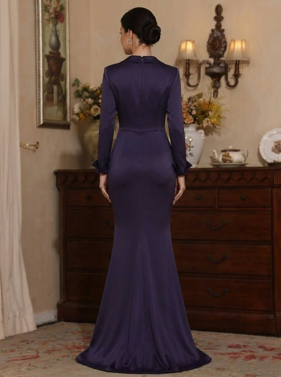 Robe Mère de la Mariée, Forme Trompette/Sirène, Col en V, Satin, avec Fente Latérale, Manches Longues, Froncée, Longueur au Sol