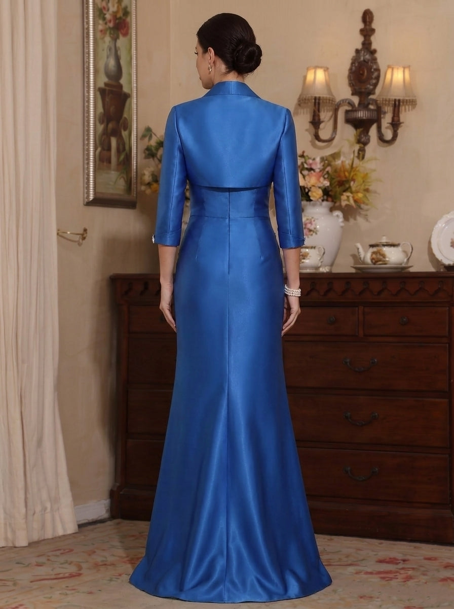 Robe Mère de la Mariée, Forme Trompette/Sirène, Col Chemise, Satin, avec Veste, Manches 3/4, Froncée, Longueur du Sol