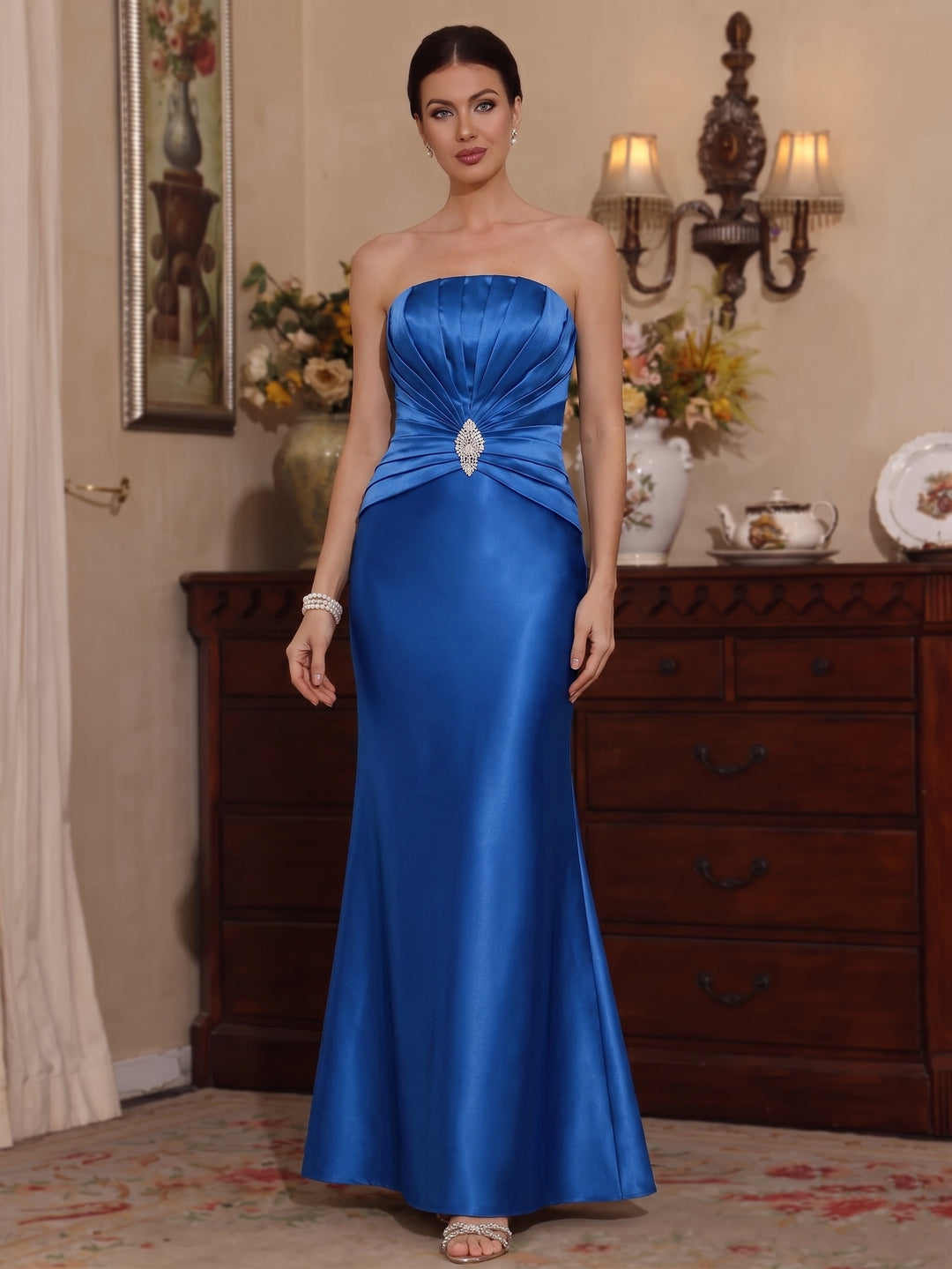Robe Mère de la Mariée, Forme Trompette/Sirène, Col Chemise, Satin, avec Veste, Manches 3/4, Froncée, Longueur du Sol