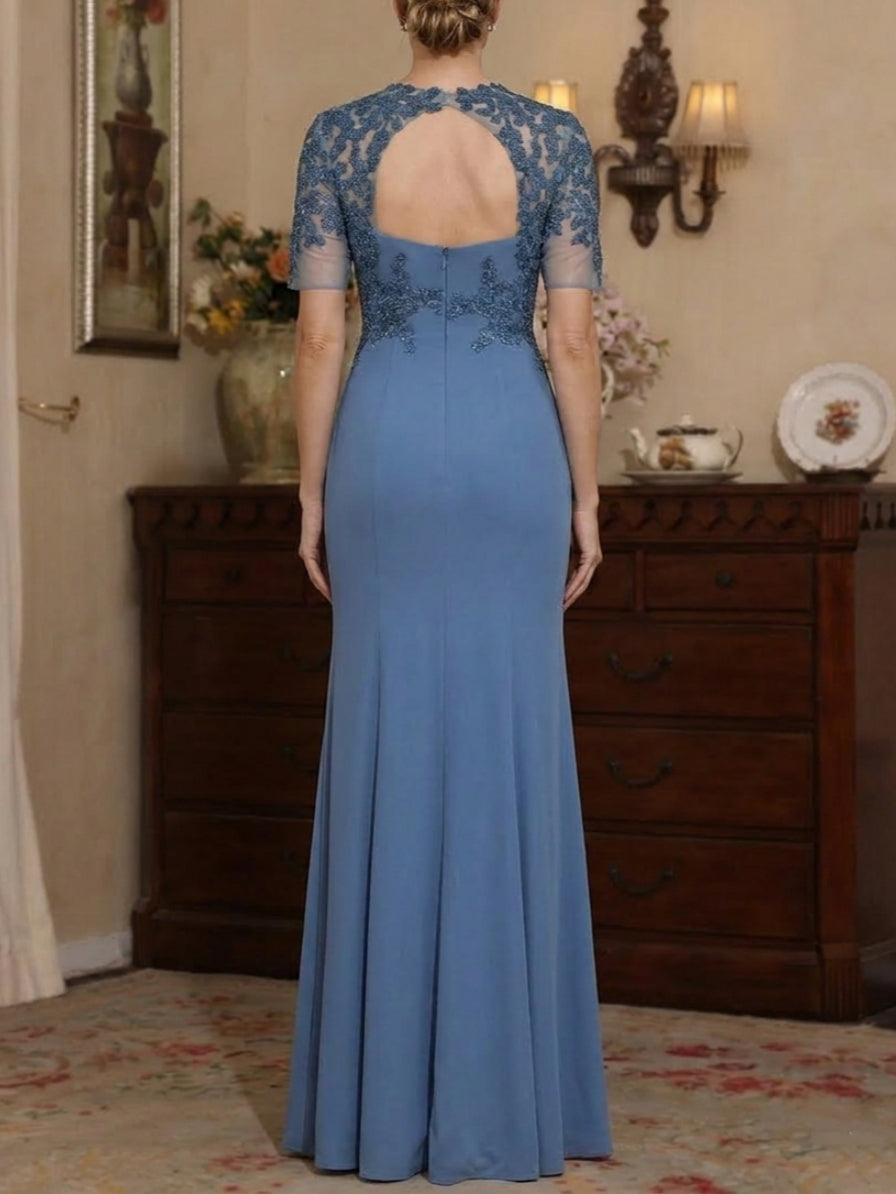 Robe Mère de la Mariée, Forme Fourreau/Colonne, Col Rond, Satin Élastique, avec Fente Latérale, Manches Courtes, Longueur du Sol, Dentelle