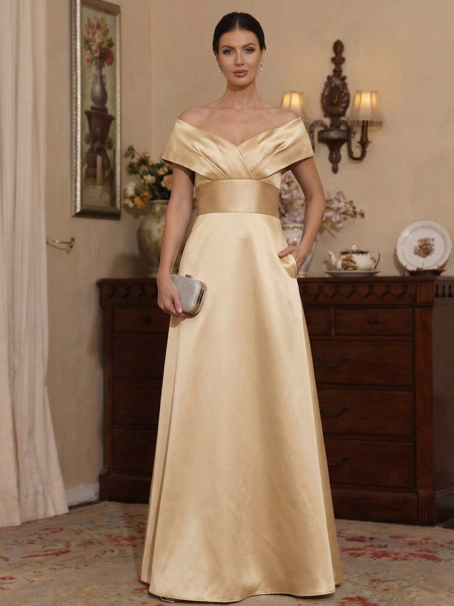 Robe Mère de la Mariée, Ligne A/Princesse, Hors de l'Épaule, Satin, avec Poches, Sans Manches, Froncée, Longueur du Sol
