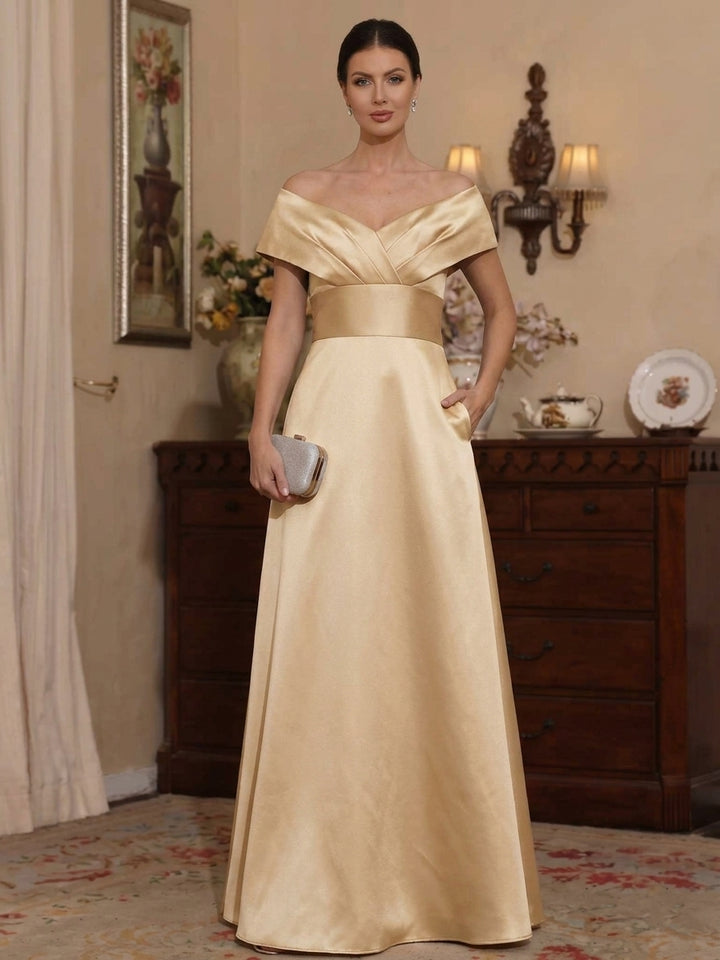 Robe Mère de la Mariée, Ligne A/Princesse, Hors de l'Épaule, Satin, avec Poches, Sans Manches, Froncée, Longueur du Sol