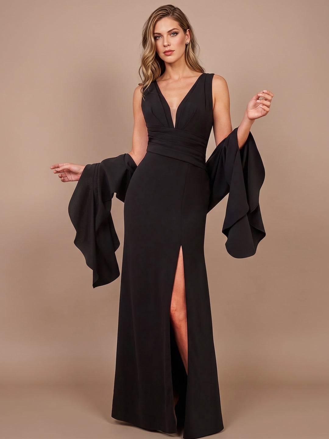 Robe Mère de la Mariée, Forme Fourreau/Colonne, Col en V, Satin Élastique, avec Fente Latérale, Sans Manches, Longueur du Sol