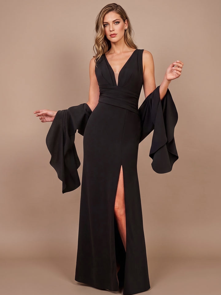 Robe Mère de la Mariée, Forme Fourreau/Colonne, Col en V, Satin Élastique, avec Fente Latérale, Sans Manches, Longueur du Sol