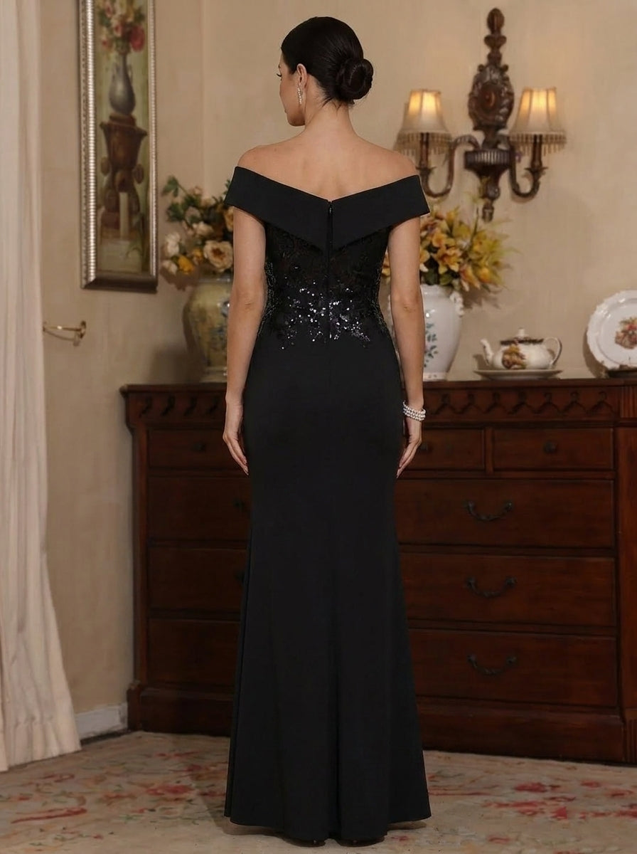 Robe Mère de la Mariée, Forme Fourreau/Colonne, Hors de l'Épaule, Satin Élastique, avec Fente Latérale, Paillettes, Sans Manches, Longueur du Sol, Volants