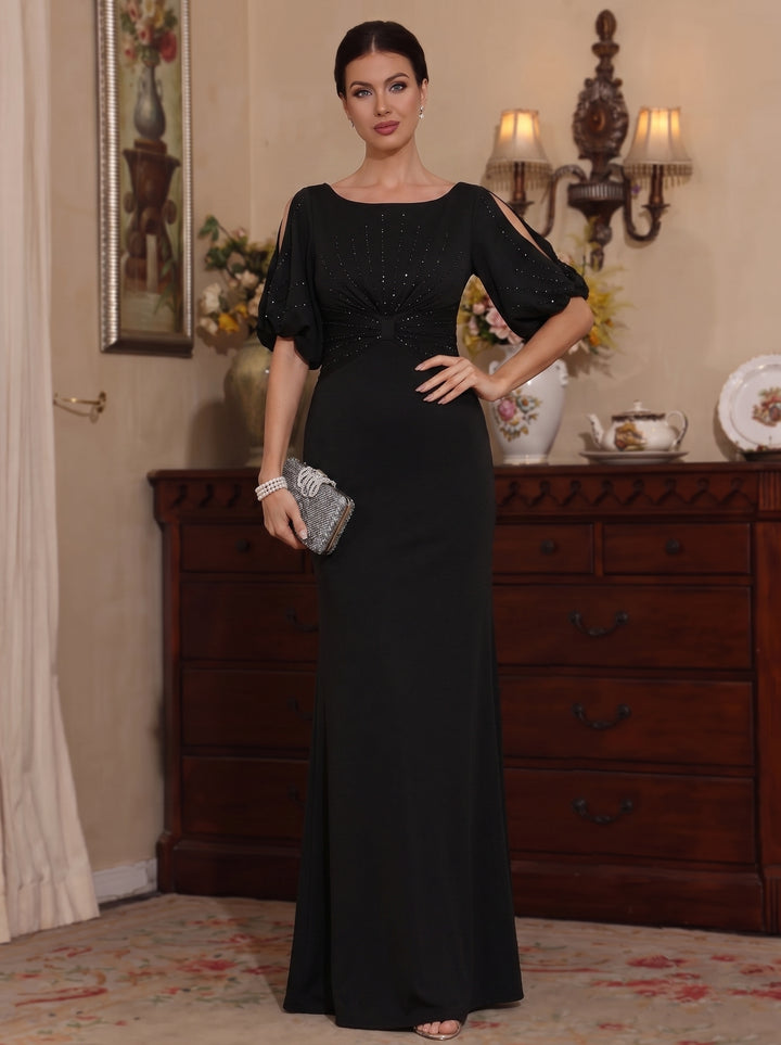 Robe Mère de la Mariée, Forme Fourreau/Colonne, Col Rond, Satin Élastique, Manches Courtes, Longueur du Sol, avec Perles