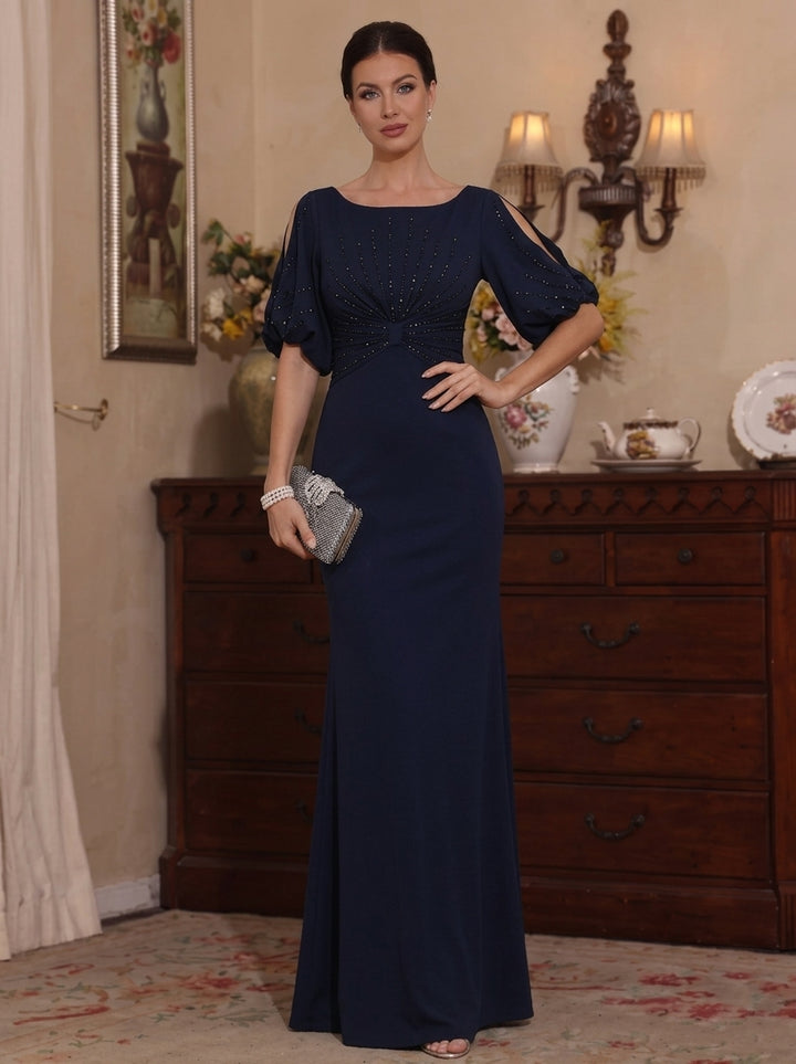 Robe Mère de la Mariée, Forme Fourreau/Colonne, Col Rond, Satin Élastique, Manches Courtes, Longueur du Sol, avec Perles