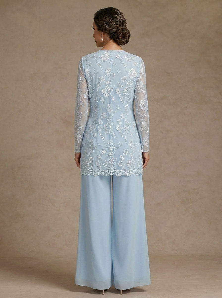 Ensemble 3 Morceaux en mousseline, Col Rond, Pantalon de mère de la mariée avec veste, Dentelle Florale, Longueur de la Cheville, Manches Longues