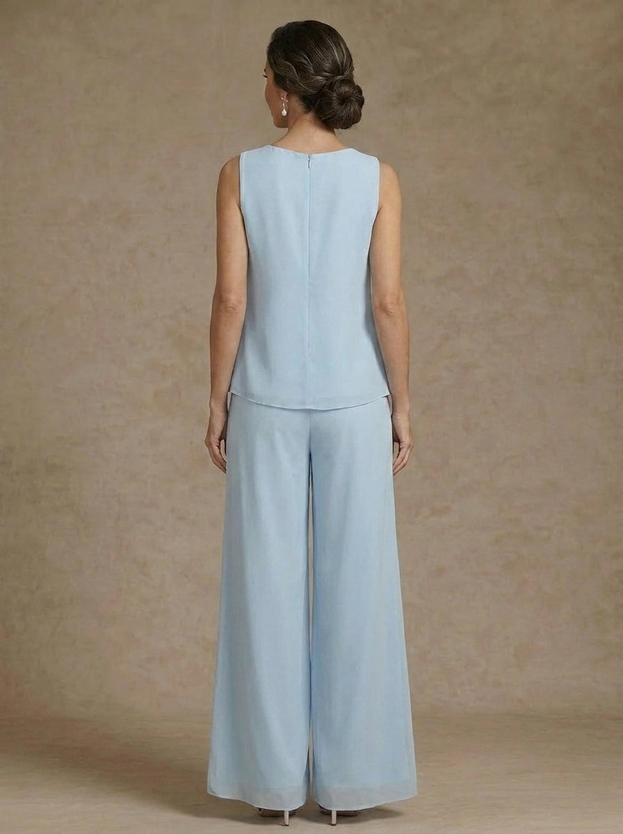 Ensemble 3 Morceaux en mousseline, Col Rond, Pantalon de mère de la mariée avec veste, Dentelle Florale, Longueur de la Cheville, Manches Longues