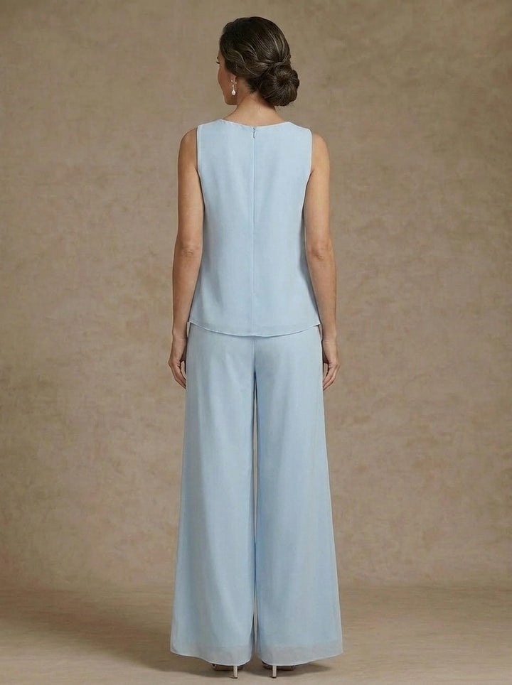Ensemble 3 Morceaux en mousseline, Col Rond, Pantalon de mère de la mariée avec veste, Dentelle Florale, Longueur de la Cheville, Manches Longues