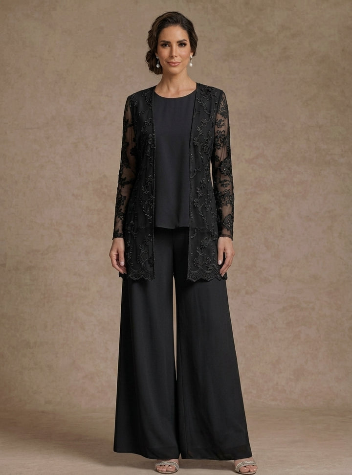 Ensemble 3 Morceaux en mousseline, Col Rond, Pantalon de mère de la mariée avec veste, Dentelle Florale, Longueur de la Cheville, Manches Longues