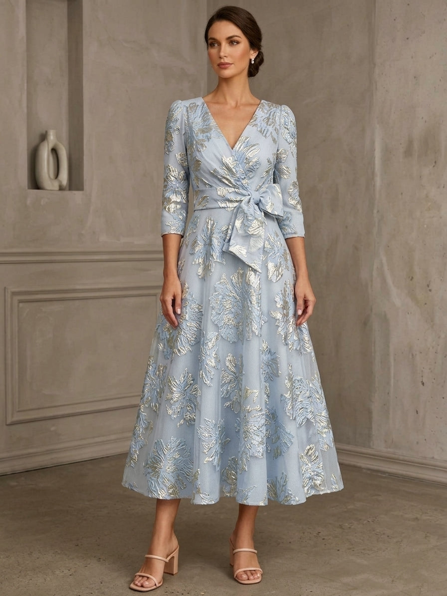 Robe Mère de la Mariée, Ligne A/Princesse, Col en V, Jacquard, Manches 3/4, Floral, Longueur du Thé, avec Nœud Papillon