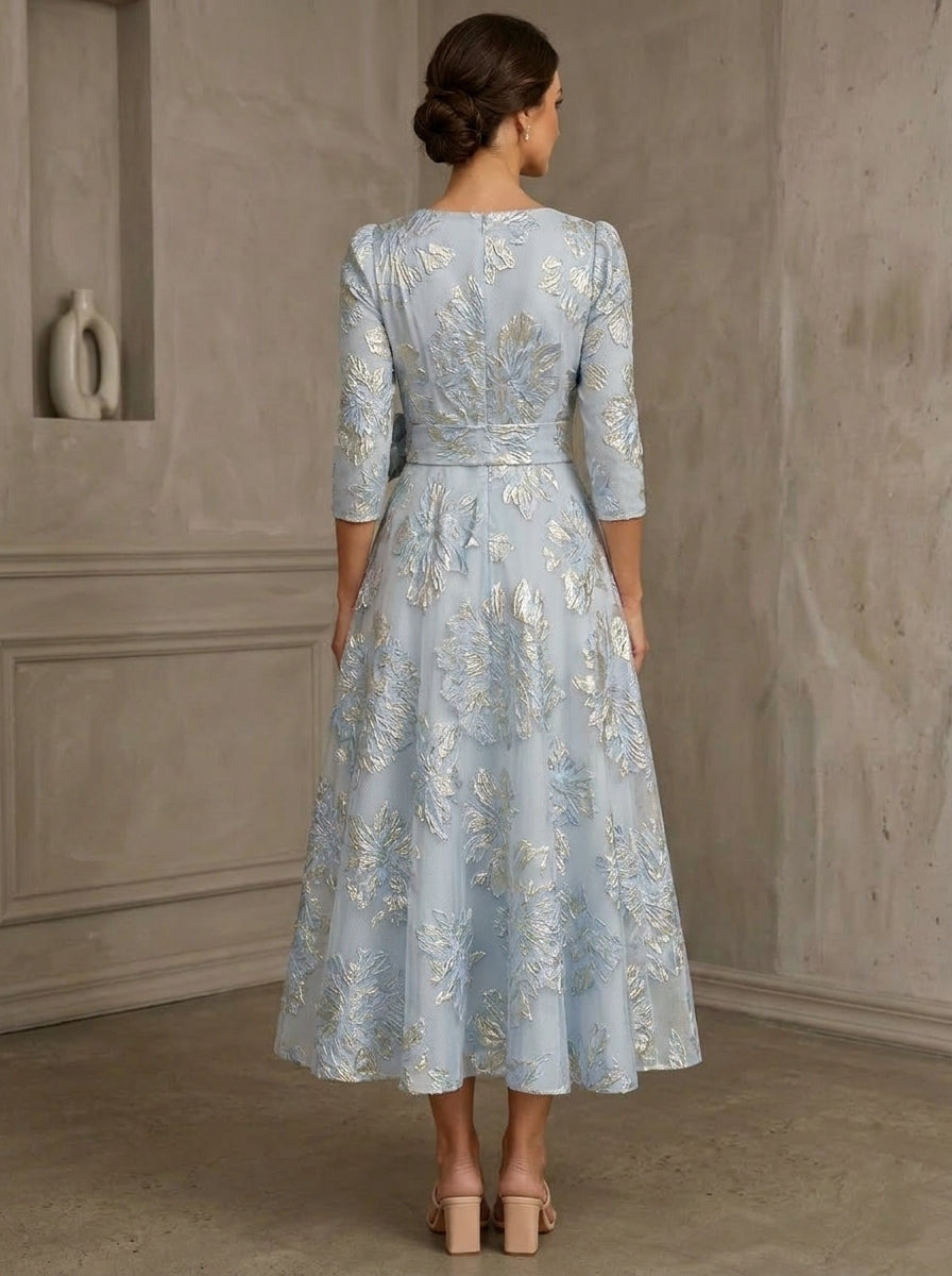 Robe Mère de la Mariée, Ligne A/Princesse, Col en V, Jacquard, Manches 3/4, Floral, Longueur du Thé, avec Nœud Papillon