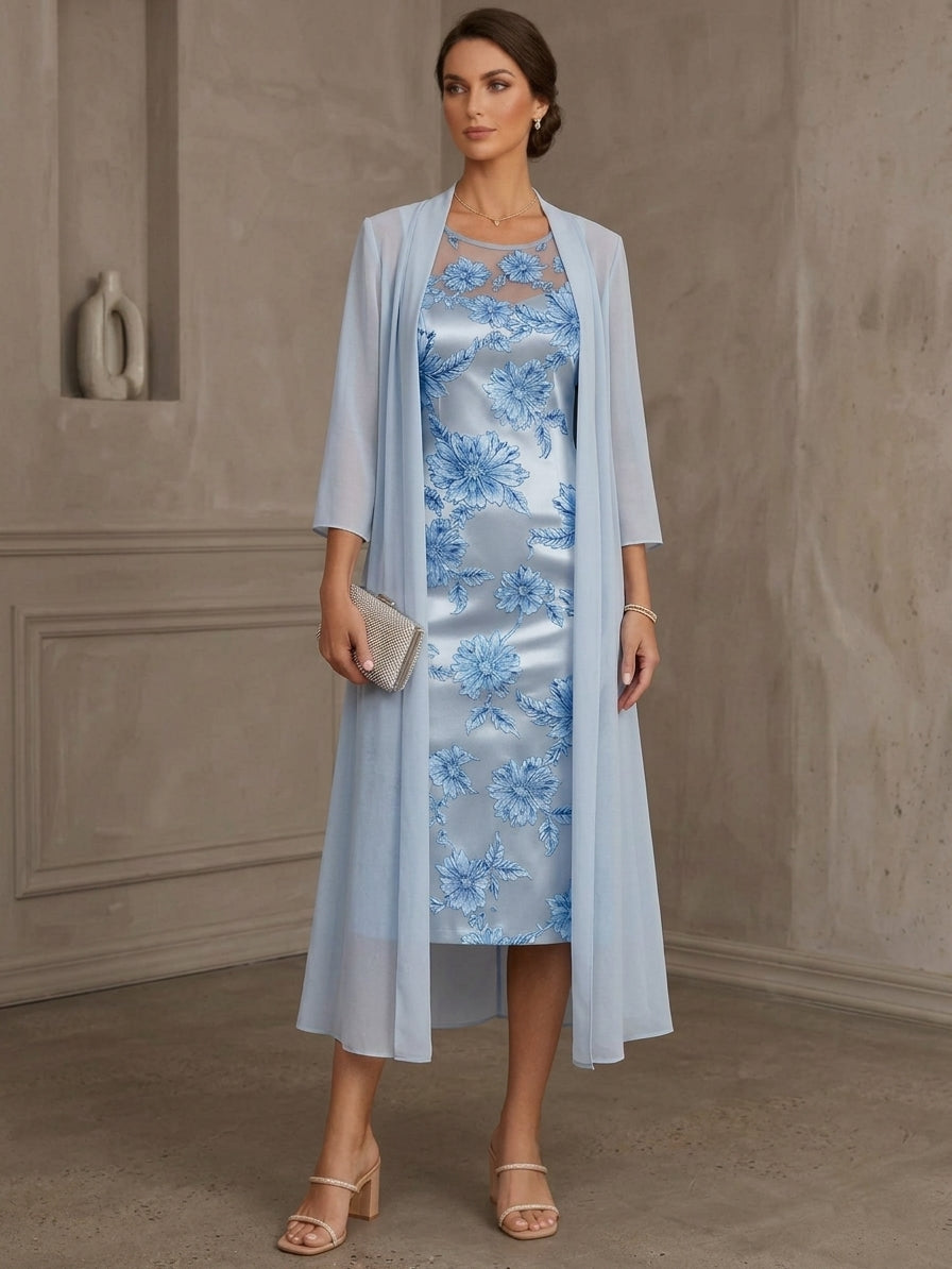 Robe Mère de la Mariée, Forme Fourreau/Colonne, Col Rond, Dentelle Florale, avec Veste, Manches 3/4, Fleurs, Longueur du Thé