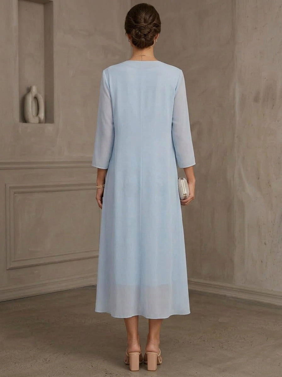 Robe Mère de la Mariée, Forme Fourreau/Colonne, Col Rond, Dentelle Florale, avec Veste, Manches 3/4, Fleurs, Longueur du Thé