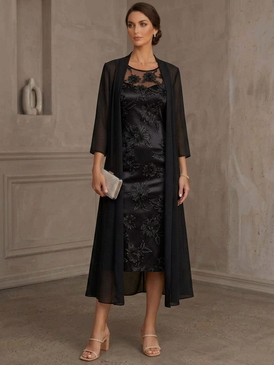 Robe Mère de la Mariée, Forme Fourreau/Colonne, Col Rond, Dentelle Florale, avec Veste, Manches 3/4, Fleurs, Longueur du Thé