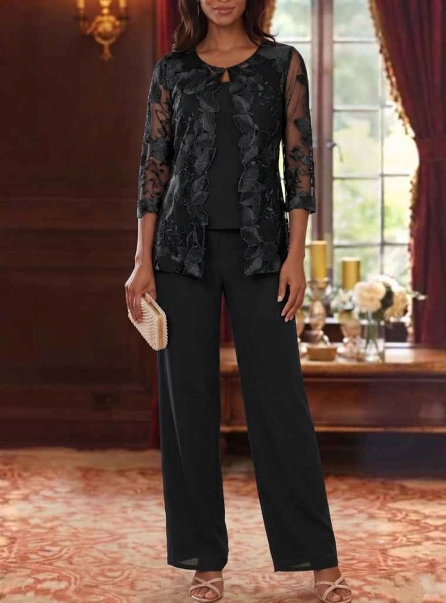 Ensemble 3 Morceaux en Mousseline, Col Rond, Costume-Pantalon pour Mère de la Mariée, avec Veste en Dentelle Fleurie, Longueur Jambière, Manches 3/4