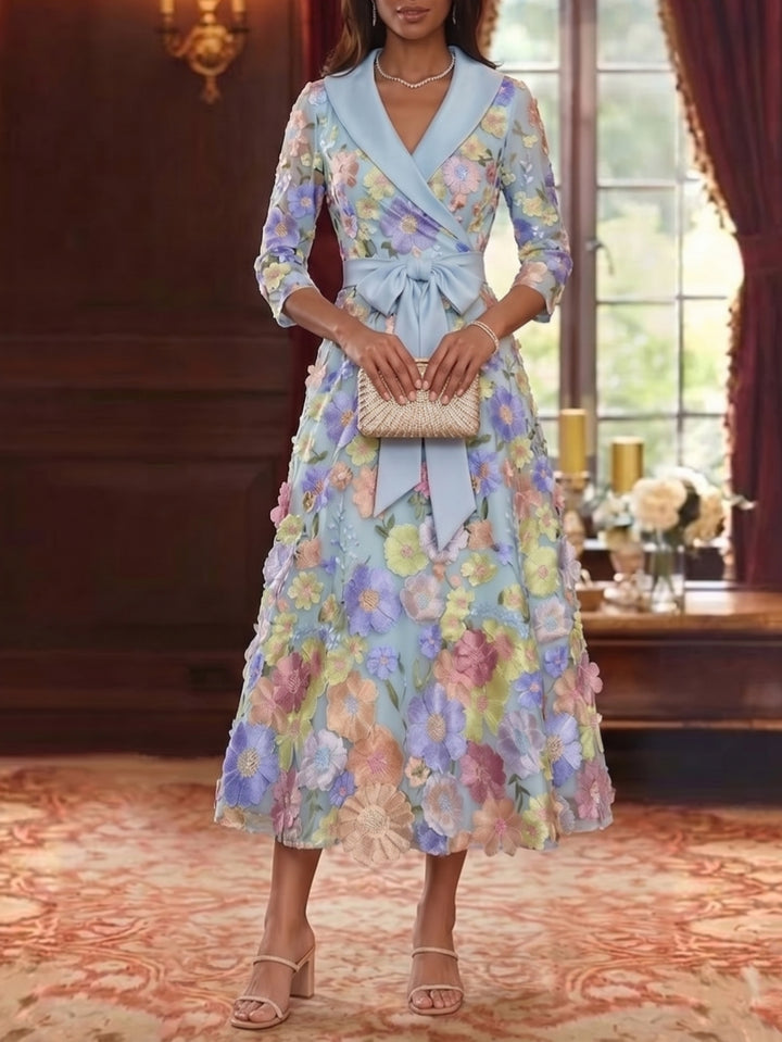 Robe Mère de la Mariée, Ligne A/Princesse, Col en V, Satin, Manches 3/4, Dentelle Florale, Longueur du Thé, avec Nœud Papillon