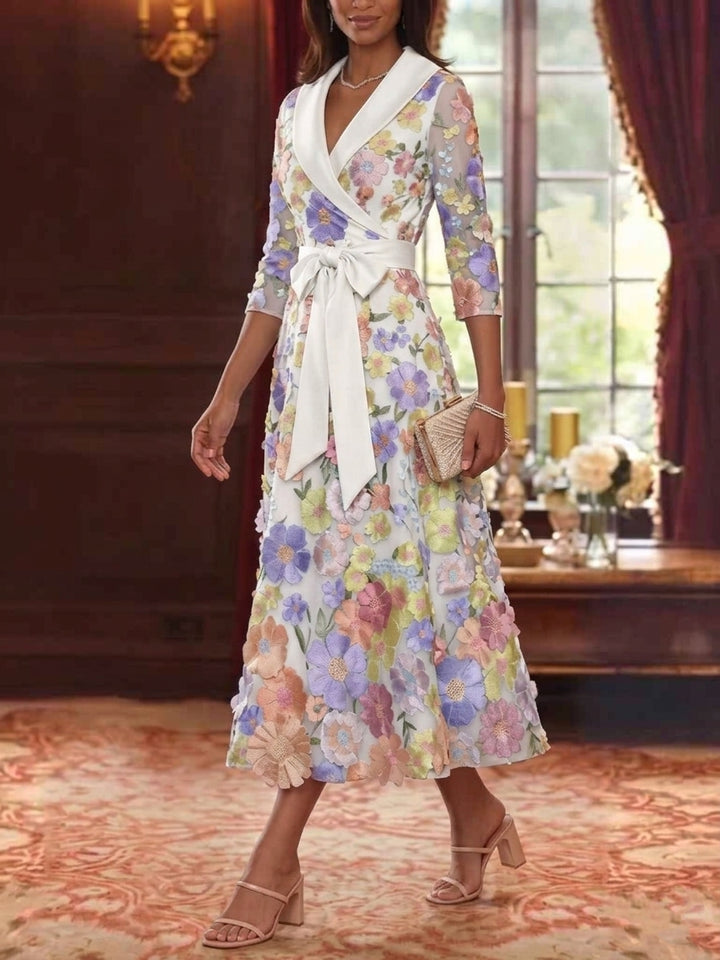 Robe Mère de la Mariée, Ligne A/Princesse, Col en V, Satin, Manches 3/4, Dentelle Florale, Longueur du Thé, avec Nœud Papillon