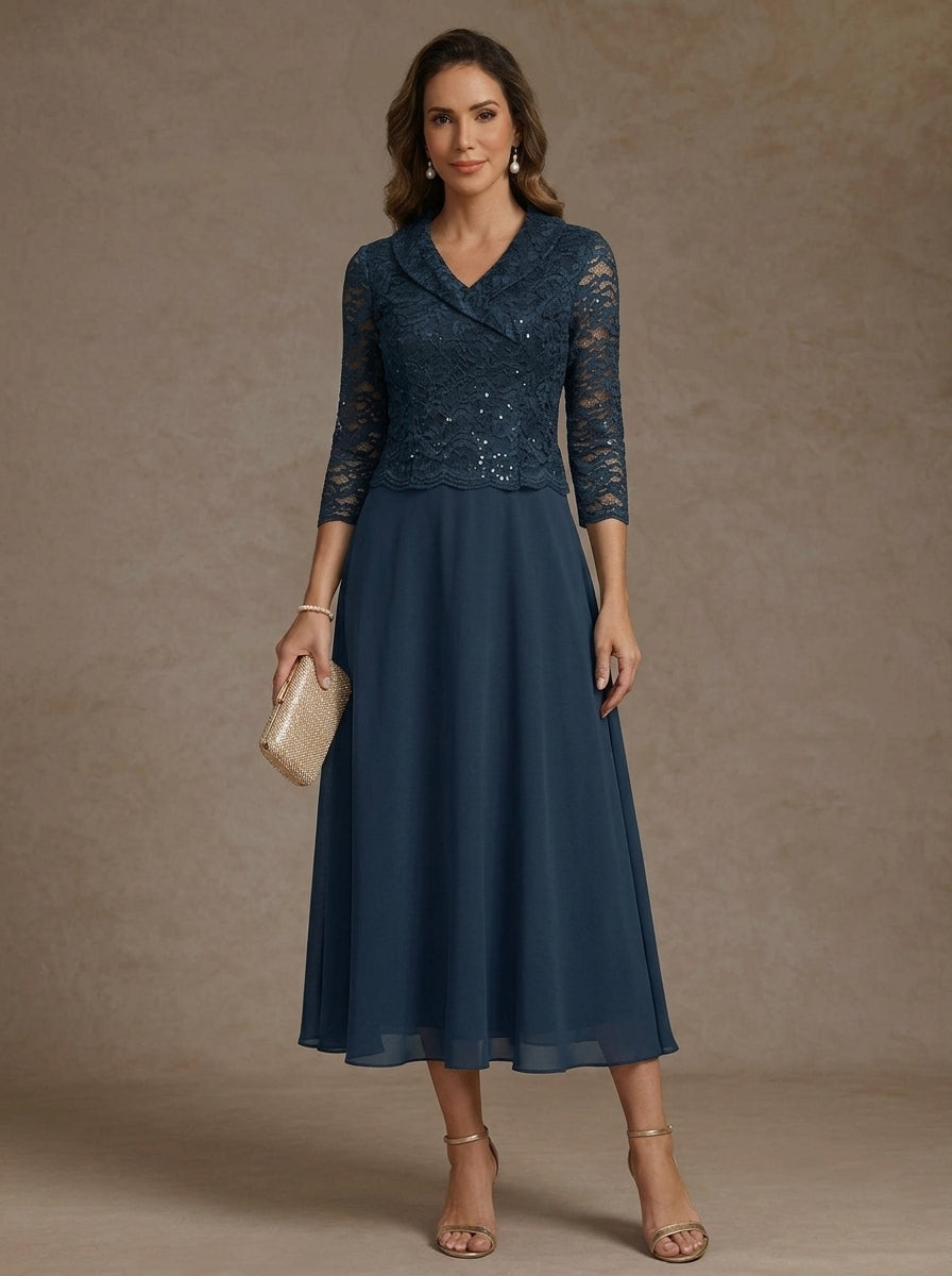 Robe Mère de la Mariée, Ligne A/Princesse, Col en V, Mousseline, Manches 3/4, Dentelle, Longueur du Thé