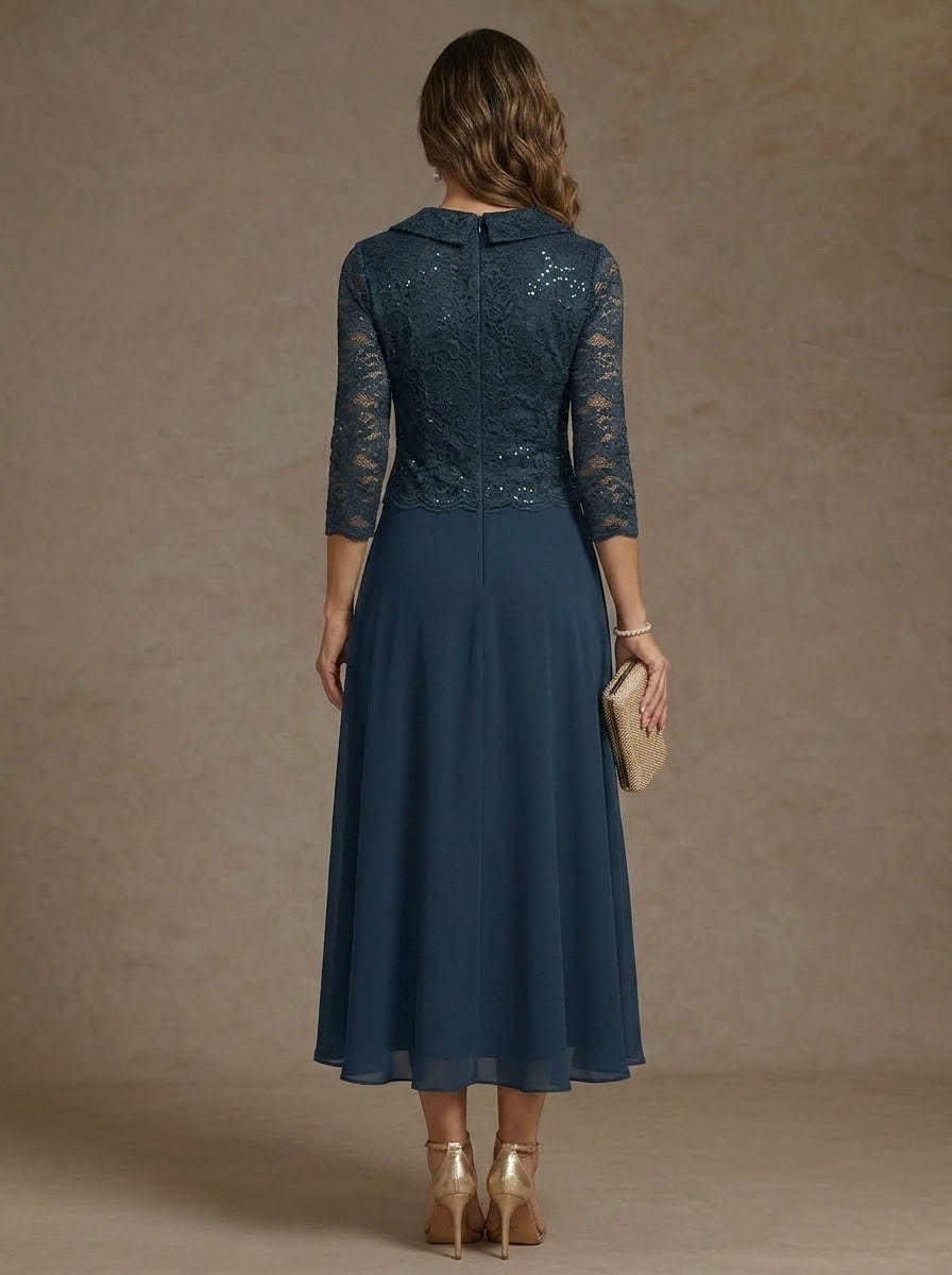 Robe Mère de la Mariée, Ligne A/Princesse, Col en V, Mousseline, Manches 3/4, Dentelle, Longueur du Thé