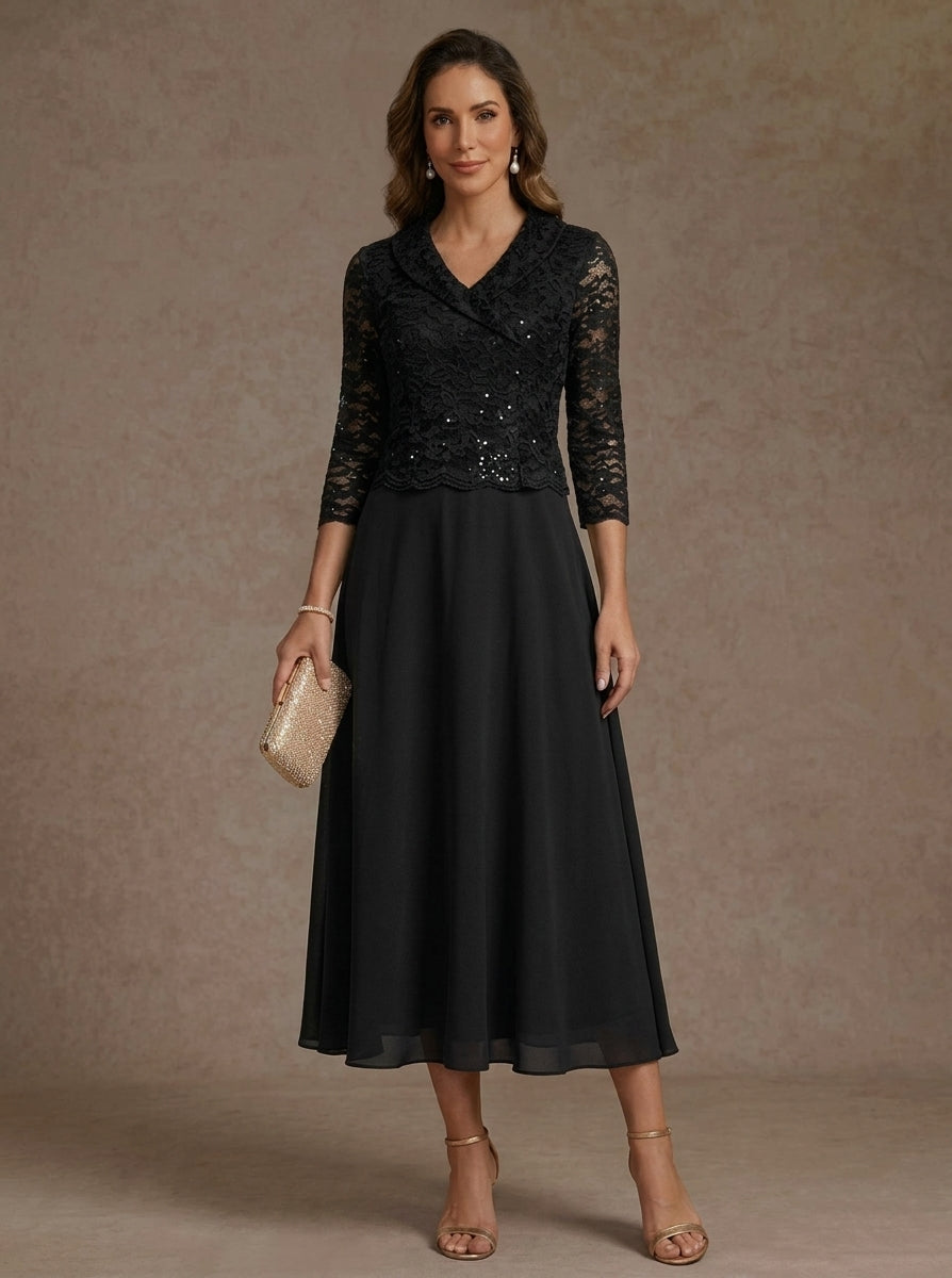 Robe Mère de la Mariée, Ligne A/Princesse, Col en V, Mousseline, Manches 3/4, Dentelle, Longueur du Thé