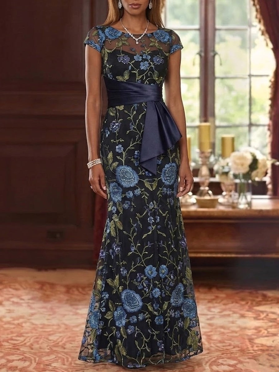 Robe Mère de la Mariée, Trompette/Sirène, Col Rond, Dentelle Fleurie, avec Ceinture, Manches Courtes, Longeur du Sol