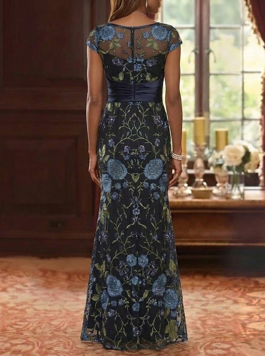 Robe Mère de la Mariée, Trompette/Sirène, Col Rond, Dentelle Fleurie, avec Ceinture, Manches Courtes, Longeur du Sol