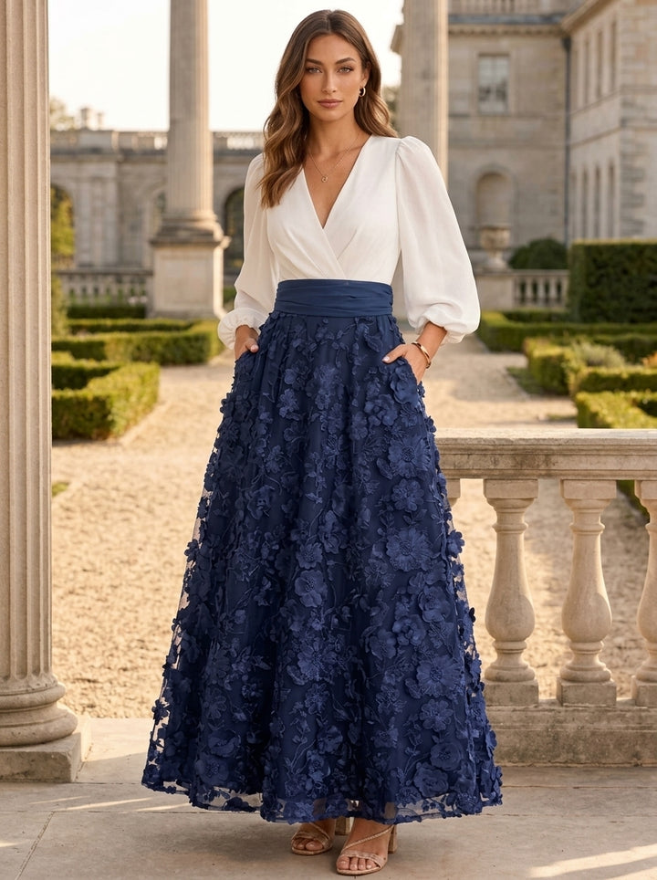 Robe Mère de la Mariée, Ligne A/Princesse, Col en V, Dentelle Fleurie, Manches 3/4, Longueur de la Cheville